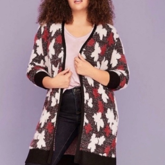Lane Bryant Women's Patterned duster sweater Cardigan - maroon, light, pink red - Picture 1 of 7